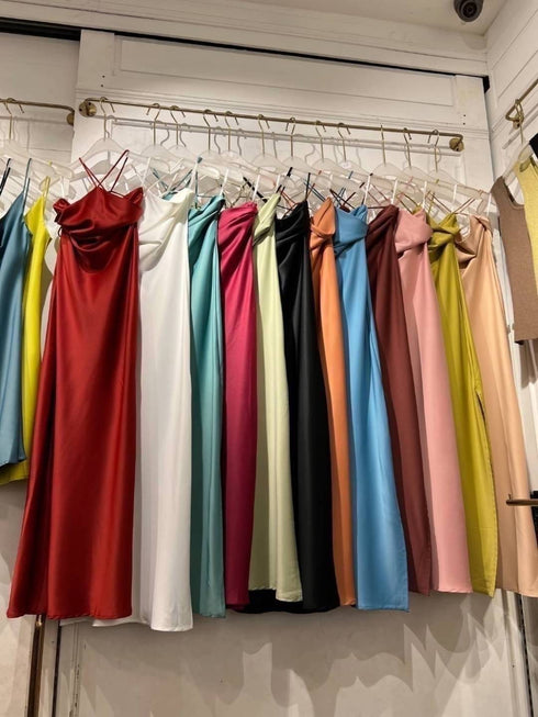 Halter Neck Backlace Side Slit Satin Dress